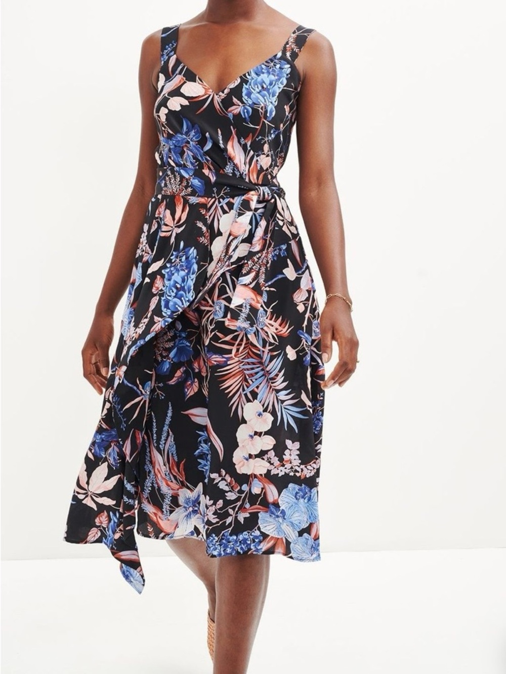 Amour Vert Black Floral Wrap Midi Dress with Blue and Blush Accents